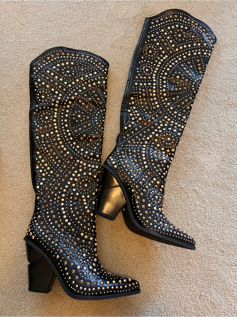 Azalea Wang Black Studded Knee-High Women's Cowboy Boot
